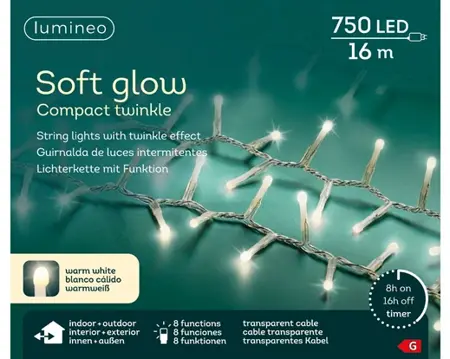 Compact LED Lights Soft Glow Twinkle - 750 lampjes - Transparant Warm Wit - afbeelding 2