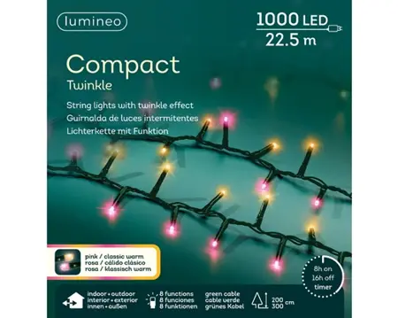 Compact LED Lights Twinkle - Lumineo - 1000 lampjes Roze/Klassiek warm - afbeelding 3