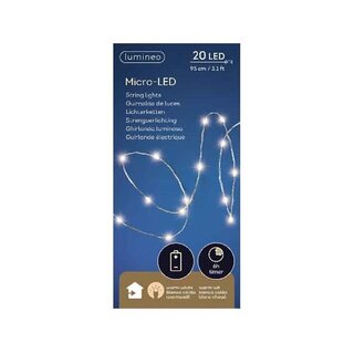 Micro LED draadverlichting zilver - 20 lampjes warm wit - met timer - op batterijen - afbeelding 1