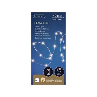 Micro LED draadverlichting zilver - 40 lampjes warm wit - met timer - op batterijen - afbeelding 1