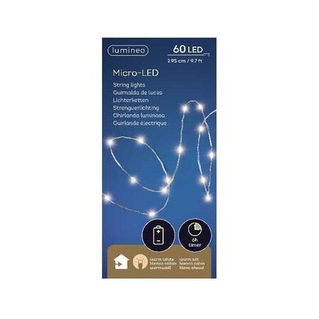 Micro LED draadverlichting zilver - 60 lampjes warm wit - met timer - op batterijen - afbeelding 1